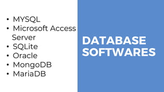 DATABASE
SOFTWARES
• MYSQL
• Microsoft Access
Server
• SQLite
• Oracle
• MongoDB
• MariaDB
 