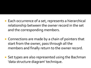  Each occurrence of a set, represents a hierarchical
relationship between the owner record in the set
and the corresponding members.
 Connections are made by a chain of pointers that
start from the owner, pass through all the
members and finally return to the owner record.
 Set types are also represented using the Bachman
'data structure diagram' technique.
 