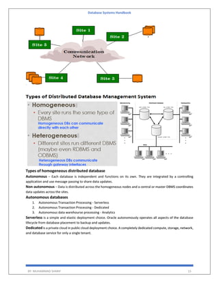Database Systems Handbook
BY: MUHAMMAD SHARIF 15
Types of homogeneous distributed database
Autonomous − Each database is independent and functions on its own. They are integrated by a controlling
application and use message passing to share data updates.
Non-autonomous − Data is distributed across the homogeneous nodes and a central or master DBMS coordinates
data updates across the sites.
Autonomous databases
1. Autonomous Transaction Processing - Serverless
2. Autonomous Transaction Processing - Dedicated
3. Autonomous data warehourse processing - Analytics
Serverless is a simple and elastic deployment choice. Oracle autonomously operates all aspects of the database
lifecycle from database placement to backup and updates.
Dedicated is a private cloud in public cloud deployment choice. A completely dedicated compute, storage, network,
and database service for only a single tenant.
 