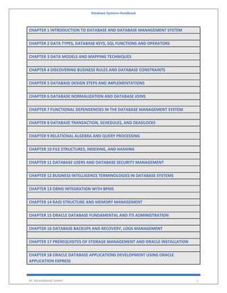 Database Systems Handbook
BY: MUHAMMAD SHARIF 2
CHAPTER 1 INTRODUCTION TO DATABASE AND DATABASE MANAGEMENT SYSTEM
CHAPTER 2 DATA TYPES, DATABASE KEYS, SQL FUNCTIONS AND OPERATORS
CHAPTER 3 DATA MODELS AND MAPPING TECHNIQUES
CHAPTER 4 DISCOVERING BUSINESS RULES AND DATABASE CONSTRAINTS
CHAPTER 5 DATABASE DESIGN STEPS AND IMPLEMENTATIONS
CHAPTER 6 DATABASE NORMALIZATION AND DATABASE JOINS
CHAPTER 7 FUNCTIONAL DEPENDENCIES IN THE DATABASE MANAGEMENT SYSTEM
CHAPTER 8 DATABASE TRANSACTION, SCHEDULES, AND DEADLOCKS
CHAPTER 9 RELATIONAL ALGEBRA AND QUERY PROCESSING
CHAPTER 10 FILE STRUCTURES, INDEXING, AND HASHING
CHAPTER 11 DATABASE USERS AND DATABASE SECURITY MANAGEMENT
CHAPTER 12 BUSINESS INTELLIGENCE TERMINOLOGIES IN DATABASE SYSTEMS
CHAPTER 13 DBMS INTEGRATION WITH BPMS
CHAPTER 14 RAID STRUCTURE AND MEMORY MANAGEMENT
CHAPTER 15 ORACLE DATABASE FUNDAMENTAL AND ITS ADMINISTRATION
CHAPTER 16 DATABASE BACKUPS AND RECOVERY, LOGS MANAGEMENT
CHAPTER 17 PREREQUISITES OF STORAGE MANAGEMENT AND ORACLE INSTALLATION
CHAPTER 18 ORACLE DATABASE APPLICATIONS DEVELOPMENT USING ORACLE
APPLICATION EXPRESS
 