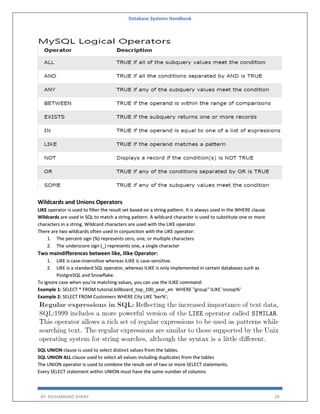 Database Systems Handbook
BY: MUHAMMAD SHARIF 28
Wildcards and Unions Operators
LIKE operator is used to filter the result set based on a string pattern. It is always used in the WHERE clause.
Wildcards are used in SQL to match a string pattern. A wildcard character is used to substitute one or more
characters in a string. Wildcard characters are used with the LIKE operator.
There are two wildcards often used in conjunction with the LIKE operator:
1. The percent sign (%) represents zero, one, or multiple characters
2. The underscore sign (_) represents one, a single character
Two maindifferences between like, Ilike Operator:
1. LIKE is case-insensitive whereas iLIKE is case-sensitive.
2. LIKE is a standard SQL operator, whereas ILIKE is only implemented in certain databases such as
PostgreSQL and Snowflake.
To ignore case when you're matching values, you can use the ILIKE command:
Example 1: SELECT * FROM tutorial.billboard_top_100_year_en WHERE "group" ILIKE 'snoop%'
Example 2: SELECT FROM Customers WHERE City LIKE 'ber%';
SQL UNION clause is used to select distinct values from the tables.
SQL UNION ALL clause used to select all values including duplicates from the tables
The UNION operator is used to combine the result-set of two or more SELECT statements.
Every SELECT statement within UNION must have the same number of columns
 