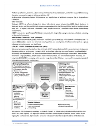 Database Systems Handbook
BY: MUHAMMAD SHARIF 425
Platform Specification, Version 1.3. Connectors, also known as Resource Adapters, contain the Java, and if necessary,
the native components required to interact with the EIS.
An Enterprise Information System (EIS) resource is a specific type of WebLogic resource that is designed as a
Connector.
COM Resources
WebLogic jCOM is a software bridge that allows bidirectional access between Java/J2EE objects deployed in
WebLogic Server, and Microsoft ActiveX components available within the Microsoft Office family of products, Visual
Basic and C++ objects, and other Component Object Model/Distributed Component Object Model (COM/DCOM)
environments.
A COM resource is a specific type of WebLogic resource that is designed as a program component object according
to Microsoft's framework.
Java DataBase Connectivity (JDBC) Resources
A Java DataBase Connectivity (JDBC) resource is a specific type of WebLogic resource that is related to JDBC. To
secure JDBC database access, you can create security policies and security roles for all connection pools as a group,
individual connection pools, and MultiPools.
Oracle's service oriented architecture (SOA)
SOA is not a new concept. Sun defined SOA in the late 1990's to describe Jini, which is an environment for dynamic
discovery and use of services over a network. Web services have taken the concept of services introduced by Jini
technology and implemented it as services delivered over the web using technologies such as XML, Web Services
Description Language (WSDL), Simple Object Access Protocol (SOAP), and Universal Description, Discovery, and
Integration(UDDI). SOA is emerging as the premier integration and architecture framework in today's complex and
heterogeneous computing environment.
SOA uses the find-bind-execute paradigm as shown in Figure 1. In this paradigm, service providers register their
service in a public registry. This registry is used by consumers to find services that match certain criteria. If the
registry has such a service, it provides the consumer with a contract and an endpoint address for that service.
 