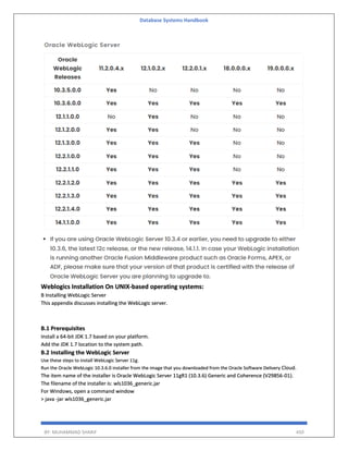 Database Systems Handbook
BY: MUHAMMAD SHARIF 450
Weblogics Installation On UNIX-based operating systems:
B Installing WebLogic Server
This appendix discusses installing the WebLogic server.
B.1 Prerequisites
Install a 64-bit JDK 1.7 based on your platform.
Add the JDK 1.7 location to the system path.
B.2 Installing the WebLogic Server
Use these steps to install WebLogic Server 11g.
Run the Oracle WebLogic 10.3.6.0 installer from the image that you downloaded from the Oracle Software Delivery Cloud.
The item name of the installer is Oracle WebLogic Server 11gR1 (10.3.6) Generic and Coherence (V29856-01).
The filename of the installer is: wls1036_generic.jar
For Windows, open a command window
> java -jar wls1036_generic.jar
 