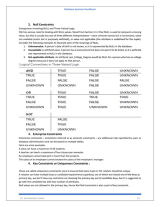 Database Systems Handbook
BY: MUHAMMAD SHARIF 83
2. Null Constraints
Comparisons Involving NULL and Three-Valued Logic:
SQL has various rules for dealing with NULL values. Recall from Section 3.1.2 that NULL is used to represent a missing
value, but that it usually has one of three different interpretations—value unknown (exists but is not known), value
not available (exists but is purposely withheld), or value not applicable (the attribute is undefined for this tuple).
Consider the following examples to illustrate each of the meanings of NULL.
1. Unknownalue. A person’s date of birth is not known, so it is represented by NULL in the database.
2. Unavailable or withheld value. A person has a home phone but does not want it to be listed, so it is withheld
and represented as NULL in the database.
3. Not applicable attribute. An attribute Last_College_Degree would be NULL for a person who has no college
degrees because it does not apply to that person.
3. Enterprise Constraints
Enterprise constraints – sometimes referred to as semantic constraints – are additional rules specified by users or
database administrators and can be based on multiple tables.
Here are some examples.
A class can have a maximum of 30 students.
A teacher can teach a maximum of four classes per semester.
An employee cannot take part in more than five projects.
The salary of an employee cannot exceed the salary of the employee’s manager.
4. Key Constraints or Uniqueness Constraints :
These are called uniqueness constraints since it ensures that every tuple in the relation should be unique.
A relation can have multiple keys or candidate keys(minimal superkey), out of which we choose one of the keys as
primary key, we don’t have any restriction on choosing the primary key out of candidate keys, but it is suggested to
go with the candidate key with less number of attributes.
Null values are not allowed in the primary key, hence Not Null constraint is also a part of key constraint.
 