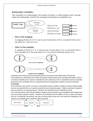 Database Systems Handbook
BY: MUHAMMAD SHARIF 100
It expresses some entity occurrences associated with one occurrence of the related entity=>The specific.
The cardinality of a relationship is the number of instances of entity B that can be associated with entity A. There is
a minimum cardinality and a maximum cardinality for each relationship, with an unspecified maximum cardinality
being shown as N. Cardinality limits are usually derived from the organization's policies or external constraints.
For Example:
At the University, each Teacher can teach an unspecified maximum number of subjects as long as his/her weekly
hours do not exceed 24 (this is an external constraint set by an industrial award). Teachers may teach 0 subjects if
they are involved in non-teaching projects. Therefore, the cardinality limits for TEACHER are (O, N).
The University's policies state that each Subject is taught by only one teacher, but it is possible to have Subjects that
have not yet been assigned a teacher. Therefore, the cardinality limits for SUBJECT are (0,1). Teacher and subject
have M: N relationship connectivity. And they are binary (two) ternary too if we break this relationship. Such
situations are modeled using a composite entity (or gerund)
 
