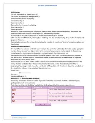Database Systems Handbook
BY: MUHAMMAD SHARIF 102
Multiplicities:
The first multiplicity, for the left entity: 0-1
The second multiplicity, for the right entity: 1-
Cardinalities for the first multiplicity:
Lower cardinality: 0
Upper cardinality: 1
Cardinalities for the second multiplicity:
Lower cardinality: 1
Upper cardinality:
Multiplicity is the constraint on the collection of the association objects whereas Cardinality is the count of the
objects that are in the collection. The multiplicity is the cardinality constraint.
A multiplicity of an event = Participation of an element + cardinality of an element.
UML uses the term Multiplicity, whereas Data Modelling uses the term Cardinality. They are for all intents and
purposes, the same.
Cardinality (sometimes referred to as Ordinality) is what is used in ER modeling to "describe" a relationship between
two Entities.
Cardinality and Modality
The maindifference between cardinality and modality is that cardinality is defined as the metric used to specify the
number of occurrences of one object related to the number of occurrences of another object. On the contrary,
modality signifies whether a certain data object must participate in the relationship or not.
Cardinality refers to the maximum number of times an instance in one entity can be associated with instances in
the related entity. Modality refers to the minimum number of times an instance in one entity can be associated
with an instance in the related entity.
Cardinality can be 1 or Many and the symbol is placed on the outside ends of the relationship line, closest to the
entity, Modality can be 1 or 0 and the symbol is placed on the inside, next to the cardinality symbol. For a
cardinality of 1, a straight line is drawn. For a cardinality of Many a foot with three toes is drawn. For a modality of
1, a straight line is drawn. For a modality of 0, a circle is drawn.
zero or more
1 or more
1 and only 1 (exactly 1)
Multiplicity = Cardinality + Participation
Cardinality: Denotes the maximum number of possible relationship occurrences in which a certain entity can
participate (in simple terms: at most).
Note: Connectivity and Modality/ multiplicity/ Cardinality and Relationship are same terms.
 