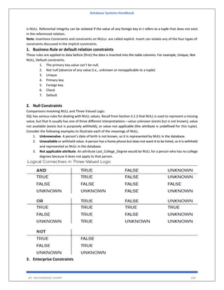 Database Systems Handbook
BY: MUHAMMAD SHARIF 109
is NULL. Referential integrity can be violated if the value of any foreign key in t refers to a tuple that does not exist
in the referenced relation.
Note: Insertions Constraints and constraints on NULLs are called explicit. Insert can violate any of the four types of
constraints discussed in the implicit constraints.
1. Business Rule or default relation constraints
These rules are applied to data before (first) the data is inserted into the table columns. For example, Unique, Not
NULL, Default constraints.
1. The primary key value can’t be null.
2. Not null (absence of any value (i.e., unknown or nonapplicable to a tuple)
3. Unique
4. Primary key
5. Foreign key
6. Check
7. Default
2. Null Constraints
Comparisons Involving NULL and Three-Valued Logic:
SQL has various rules for dealing with NULL values. Recall from Section 3.1.2 that NULL is used to represent a missing
value, but that it usually has one of three different interpretations—value unknown (exists but is not known), value
not available (exists but is purposely withheld), or value not applicable (the attribute is undefined for this tuple).
Consider the following examples to illustrate each of the meanings of NULL.
1. Unknownalue. A person’s date of birth is not known, so it is represented by NULL in the database.
2. Unavailable or withheld value. A person has a home phone but does not want it to be listed, so it is withheld
and represented as NULL in the database.
3. Not applicable attribute. An attribute Last_College_Degree would be NULL for a person who has no college
degrees because it does not apply to that person.
3. Enterprise Constraints
 