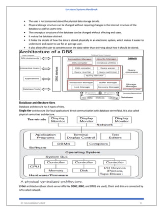 Database Systems Handbook
BY: MUHAMMAD SHARIF 11
 The user is not concerned about the physical data storage details.
 Physical storage structure can be changed without requiring changes in the internal structure of the
database as well as users view.
 The conceptual structure of the database can be changed without affecting end users.
 It makes the database abstract.
 It hides the details of how the data is stored physically in an electronic system, which makes it easier to
understand and easier to use for an average user.
 It also allows the user to concentrate on the data rather than worrying about how it should be stored.
Database architecture tiers
Database architecture has 4 types of tiers.
Single tier architecture (for local applications direct communication with database server/disk. It is also called
physical centralized architecture.
2-tier architecture (basic client-server APIs like ODBC, JDBC, and ORDS are used), Client and disk are connected by
APIs called network.
 