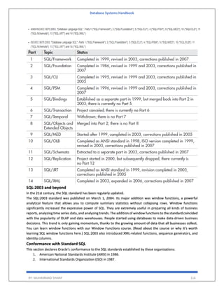 Database Systems Handbook
BY: MUHAMMAD SHARIF 116
SQL:2003 and beyond
In the 21st century, the SQL standard has been regularly updated.
The SQL:2003 standard was published on March 1, 2004. Its major addition was window functions, a powerful
analytical feature that allows you to compute summary statistics without collapsing rows. Window functions
significantly increased the expressive power of SQL. They are extremely useful in preparing all kinds of business
reports, analyzing time series data, and analyzing trends. The addition of window functions to the standard coincided
with the popularity of OLAP and data warehouses. People started using databases to make data-driven business
decisions. This trend is only gaining momentum, thanks to the growing amount of data that all businesses collect.
You can learn window functions with our Window Functions course. (Read about the course or why it’s worth
learning SQL window functions here.) SQL:2003 also introduced XML-related functions, sequence generators, and
identity columns.
Conformance with Standard SQL
This section declares Oracle's conformance to the SQL standards established by these organizations:
1. American National Standards Institute (ANSI) in 1986.
2. International Standards Organization (ISO) in 1987.
 