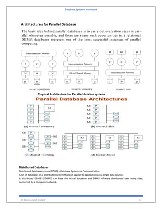 Database Systems Handbook
BY: MUHAMMAD SHARIF 15
Distributed Databases
Distributed database system (DDBS) = Database Systems + Communication
A set of databases in a distributed system that can appear to applications as a single data source.
A distributed DBMS (DDBMS) can have the actual database and DBMS software distributed over many sites,
connected by a computer network.
 