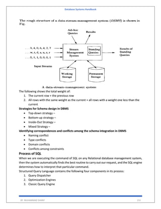 Database Systems Handbook
BY: MUHAMMAD SHARIF 153
The following shows the total weight of:
1. The current row + the previous row
2. All rows with the same weight as the current + all rows with a weight one less than the
current
Strategies for Schema design in DBMS
 Top-down strategy –
 Bottom-up strategy –
 Inside-Out Strategy –
 Mixed Strategy –
Identifying correspondences and conflicts among the schema integration in DBMS
 Naming conflict
 Type conflicts
 Domain conflicts
 Conflicts among constraints
Process of SQL
When we are executing the command of SQL on any Relational database management system,
then the system automatically finds the best routine to carry out our request, and the SQL engine
determines how to interpret that particular command.
Structured Query Language contains the following four components in its process:
1. Query Dispatcher
2. Optimization Engines
3. Classic Query Engine
 