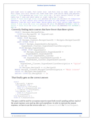 Database Systems Handbook
BY: MUHAMMAD SHARIF 156
and right join is same. full outer join and full join is same. same as left.
Full outer join will return all rows from left like Child table and persons.
select * from persons ps cross join child cd – It will return 3*4=12 if one
table has 3 rows and send table or right table has 4 rows.
select * from child ps cross join persons cd where ps.childid <>4 Comparison
operator, It will retrun only others multiple of rows except 4.logical
operator like Not will work same. Below query will also return same results.
select * from child CD cross join persons PS where PS.PERSONID BETWEEN 1 AND 4.
select * from child CD cross join persons PS where PS.PERSONID NOT BETWEEN 1
AND 4;
 