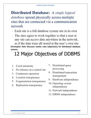 Database Systems Handbook
BY: MUHAMMAD SHARIF 16
Christopher Date discusses twelve rules (objectives) for distributed database
systems
 