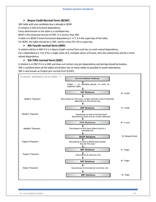 Database Systems Handbook
BY: MUHAMMAD SHARIF 176
 Boyce-Codd Normal Form (BCNF)
3NF table with one candidate key is already in BCNF
It contains a fully functional dependency
Every determinant in the table is a candidate key.
BCNF is the advanced version of 3NF. It is stricter than 3NF.
A table is in BCNF if every functional dependency X → Y, X is the super key of the table.
For BCNF, the table should be in 3NF, and for every FD, LHS is super key.
 4th Fourth normal form (4NF)
A relation will be in 4NF if it is in Boyce Codd's normal form and has no multi-valued dependency.
For a dependency A → B, if for a single value of A, multiple values of B exist, then the relationship will be a multi-
valued dependency.
 5th Fifth normal form (5NF)
A relation is in 5NF if it is in 4NF and does not contain any join dependency and joining should be lossless.
5NF is satisfied when all the tables are broken into as many tables as possible to avoid redundancy.
5NF is also known as Project-join normal form (PJ/NF).
 
