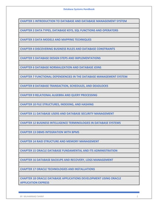 Database Systems Handbook
BY: MUHAMMAD SHARIF 2
CHAPTER 1 INTRODUCTION TO DATABASE AND DATABASE MANAGEMENT SYSTEM
CHAPTER 2 DATA TYPES, DATABASE KEYS, SQL FUNCTIONS AND OPERATORS
CHAPTER 3 DATA MODELS AND MAPPING TECHNIQUES
CHAPTER 4 DISCOVERING BUSINESS RULES AND DATABASE CONSTRAINTS
CHAPTER 5 DATABASE DESIGN STEPS AND IMPLEMENTATIONS
CHAPTER 6 DATABASE NORMALIZATION AND DATABASE JOINS
CHAPTER 7 FUNCTIONAL DEPENDENCIES IN THE DATABASE MANAGEMENT SYSTEM
CHAPTER 8 DATABASE TRANSACTION, SCHEDULES, AND DEADLOCKS
CHAPTER 9 RELATIONAL ALGEBRA AND QUERY PROCESSING
CHAPTER 10 FILE STRUCTURES, INDEXING, AND HASHING
CHAPTER 11 DATABASE USERS AND DATABASE SECURITY MANAGEMENT
CHAPTER 12 BUSINESS INTELLIGENCE TERMINOLOGIES IN DATABASE SYSTEMS
CHAPTER 13 DBMS INTEGRATION WITH BPMS
CHAPTER 14 RAID STRUCTURE AND MEMORY MANAGEMENT
CHAPTER 15 ORACLE DATABASE FUNDAMENTAL AND ITS ADMINISTRATION
CHAPTER 16 DATABASE BACKUPS AND RECOVERY, LOGS MANAGEMENT
CHAPTER 17 ORACLE TECHNOLOGIES AND INSTALLATIONS
CHAPTER 18 ORACLE DATABASE APPLICATIONS DEVELOPMENT USING ORACLE
APPLICATION EXPRESS
 