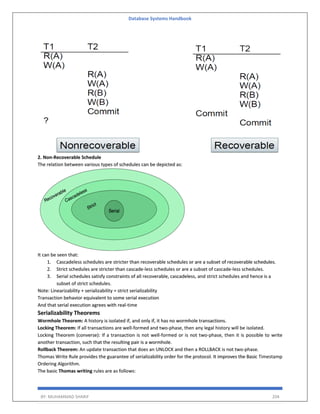 Database Systems Handbook
BY: MUHAMMAD SHARIF 204
2. Non-Recoverable Schedule
The relation between various types of schedules can be depicted as:
It can be seen that:
1. Cascadeless schedules are stricter than recoverable schedules or are a subset of recoverable schedules.
2. Strict schedules are stricter than cascade-less schedules or are a subset of cascade-less schedules.
3. Serial schedules satisfy constraints of all recoverable, cascadeless, and strict schedules and hence is a
subset of strict schedules.
Note: Linearizability + serializability = strict serializability
Transaction behavior equivalent to some serial execution
And that serial execution agrees with real-time
Serializability Theorems
Wormhole Theorem: A history is isolated if, and only if, it has no wormhole transactions.
Locking Theorem: If all transactions are well-formed and two-phase, then any legal history will be isolated.
Locking Theorem (converse): If a transaction is not well-formed or is not two-phase, then it is possible to write
another transaction, such that the resulting pair is a wormhole.
Rollback Theorem: An update transaction that does an UNLOCK and then a ROLLBACK is not two-phase.
Thomas Write Rule provides the guarantee of serializability order for the protocol. It improves the Basic Timestamp
Ordering Algorithm.
The basic Thomas writing rules are as follows:
 