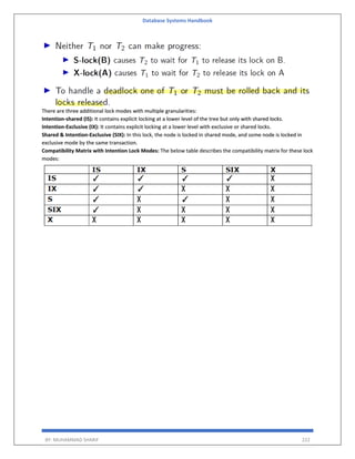 Database Systems Handbook
BY: MUHAMMAD SHARIF 222
There are three additional lock modes with multiple granularities:
Intention-shared (IS): It contains explicit locking at a lower level of the tree but only with shared locks.
Intention-Exclusive (IX): It contains explicit locking at a lower level with exclusive or shared locks.
Shared & Intention-Exclusive (SIX): In this lock, the node is locked in shared mode, and some node is locked in
exclusive mode by the same transaction.
Compatibility Matrix with Intention Lock Modes: The below table describes the compatibility matrix for these lock
modes:
 