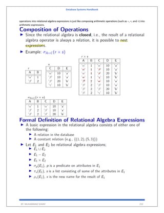 Database Systems Handbook
BY: MUHAMMAD SHARIF 232
operations into relational-algebra expressions is just like composing arithmetic operations (such as −, ∗, and ÷) into
arithmetic expressions.
 