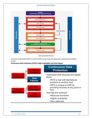 Database Systems Handbook
BY: MUHAMMAD SHARIF 307
Risk Assessment Process
A business continuity plan (BCP) is concerned with how you keep the organisation relocating and reshaping
services.
Continuous Data Protection (CDP) is High Availability and Data Repair
 
