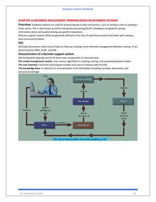 Database Systems Handbook
BY: MUHAMMAD SHARIF 314
CHAPTER 12 BUSINESS INTELLIGENCE TERMINOLOGIES IN DATABASE SYSTEMS
Overview: Database systems are used for processing day-to-day transactions, such as sending a text or booking a
ticket online. This is also known as online transaction processing (OLTP). Databases are good for storing
information about and quickly looking up specific transactions.
Decision support systems (DSS) are generally defined as the class of warehouse system that deals with solving a
semi-structured problem.
DSS
DSS helps businesses make sense of data so they can undergo more informed management decision-making. It has
three branches DWH, OLAP, and DM.
Characteristics of a decision support system
DSS frameworks typically consist of three main components or characteristics:
The model management system: Uses various algorithms in creating, storing, and manipulating data models
The user interface: The front-end program enables end users to interact with the DSS
The knowledge base: A collection or summarization of all information including raw data, documents, and
personal knowledge
 