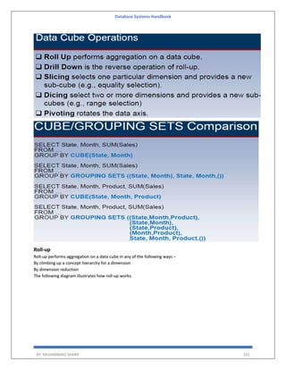 Database Systems Handbook
BY: MUHAMMAD SHARIF 331
Roll-up
Roll-up performs aggregation on a data cube in any of the following ways −
By climbing up a concept hierarchy for a dimension
By dimension reduction
The following diagram illustrates how roll-up works.
 