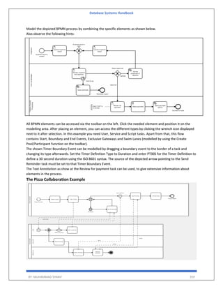 Database Systems Handbook
BY: MUHAMMAD SHARIF 359
Model the depicted BPMN process by combining the specific elements as shown below.
Also observe the following hints:
All BPMN elements can be accessed via the toolbar on the left. Click the needed element and position it on the
modelling area. After placing an element, you can access the different types by clicking the wrench icon displayed
next to it after selection. In this example you need User, Service and Script tasks. Apart from that, this flow
contains Start, Boundary and End Events, Exclusive Gateways and Swim Lanes (modelled by using the Create
Pool/Participant function on the toolbar).
The shown Timer Boundary Event can be modelled by dragging a boundary event to the border of a task and
changing its type afterwards. Set the Timer Definition Type to Duration and enter PT30S for the Timer Definition to
define a 30 second duration using the ISO 8601 syntax. The source of the depicted arrow pointing to the Send
Reminder task must be set to that Timer Boundary Event.
The Text Annotation as show at the Review for payment task can be used, to give extensive information about
elements in the process.
The Pizza Collaboration Example
 
