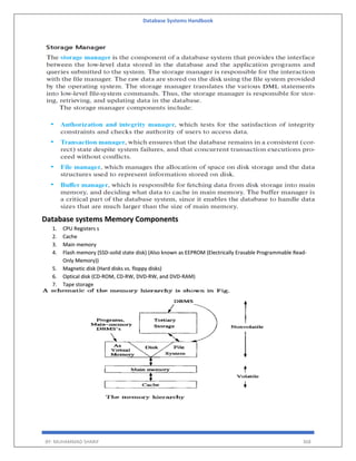 Database Systems Handbook
BY: MUHAMMAD SHARIF 368
Database systems Memory Components
1. CPU Registers s
2. Cache
3. Main memory
4. Flash memory (SSD-solid state disk) (Also known as EEPROM (Electrically Erasable Programmable Read-
Only Memory))
5. Magnetic disk (Hard disks vs. floppy disks)
6. Optical disk (CD-ROM, CD-RW, DVD-RW, and DVD-RAM)
7. Tape storage
 