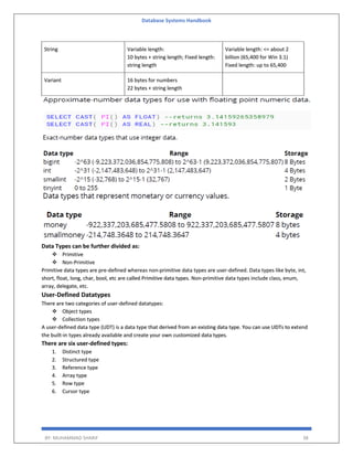 Database Systems Handbook
BY: MUHAMMAD SHARIF 38
String Variable length:
10 bytes + string length; Fixed length:
string length
Variable length: <= about 2
billion (65,400 for Win 3.1)
Fixed length: up to 65,400
Variant 16 bytes for numbers
22 bytes + string length
Data Types can be further divided as:
 Primitive
 Non-Primitive
Primitive data types are pre-defined whereas non-primitive data types are user-defined. Data types like byte, int,
short, float, long, char, bool, etc are called Primitive data types. Non-primitive data types include class, enum,
array, delegate, etc.
User-Defined Datatypes
There are two categories of user-defined datatypes:
 Object types
 Collection types
A user-defined data type (UDT) is a data type that derived from an existing data type. You can use UDTs to extend
the built-in types already available and create your own customized data types.
There are six user-defined types:
1. Distinct type
2. Structured type
3. Reference type
4. Array type
5. Row type
6. Cursor type
 