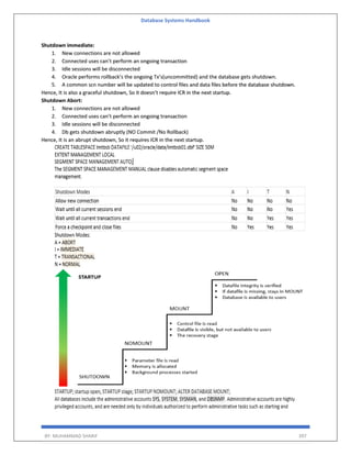 Database Systems Handbook
BY: MUHAMMAD SHARIF 397
Shutdown immediate:
1. New connections are not allowed
2. Connected uses can’t perform an ongoing transaction
3. Idle sessions will be disconnected
4. Oracle performs rollback’s the ongoing Tx’s(uncommitted) and the database gets shutdown.
5. A common scn number will be updated to control files and data files before the database shutdown.
Hence, It is also a graceful shutdown, So it doesn’t require ICR in the next startup.
Shutdown Abort:
1. New connections are not allowed
2. Connected uses can’t perform an ongoing transaction
3. Idle sessions will be disconnected
4. Db gets shutdown abruptly (NO Commit /No Rollback)
Hence, It is an abrupt shutdown, So it requires ICR in the next startup.
 