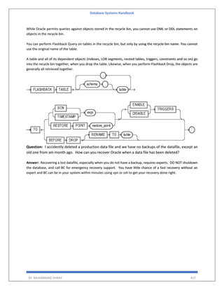 Database Systems Handbook
BY: MUHAMMAD SHARIF 457
While Oracle permits queries against objects stored in the recycle bin, you cannot use DML or DDL statements on
objects in the recycle bin.
You can perform Flashback Query on tables in the recycle bin, but only by using the recycle bin name. You cannot
use the original name of the table.
A table and all of its dependent objects (indexes, LOB segments, nested tables, triggers, constraints and so on) go
into the recycle bin together, when you drop the table. Likewise, when you perform Flashback Drop, the objects are
generally all retrieved together.
Question: I accidently deleted a production data file and we have no backups of the datafile, except an
old one from am month ago. How can you recover Oracle when a data file has been deleted?
Answer: Recovering a lost datafile, especially when you do not have a backup, requires experts. DO NOT shutdown
the database, and call BC for emergency recovery support. You have little chance of a fast recovery without an
expert and BC can be in your system within minutes using vpn or ssh to get your recovery done right.
 