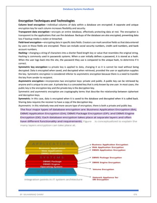 Database Systems Handbook
BY: MUHAMMAD SHARIF 476
Encryption Techniques and Technologies
Column level encryption—individual columns of data within a database are encrypted. A separate and unique
encryption key for each column increases flexibility and security.
Transparent data encryption—encrypts an entire database, effectively protecting data at rest. The encryption is
transparent to the applications that use the database. Backups of the database are also encrypted, preventing data
loss if backup media is stolen or breached.
Field-level encryption—encrypting data in specific data fields. Creators can mark sensitive fields so that data entered
by users in those fields are encrypted. These can include social security numbers, credit card numbers, and bank
account numbers.
Hashing—changing a string of characters into a shorter fixed-length key or value that resembles the original string.
Hashing is commonly used in passwords systems. When a user initially defines a password, it is stored as a hash.
When the user logs back into the site, the password they use is compared to the unique hash, to determine if it
correct.
Symmetric key encryption—a private key is applied to data, changing it so it is cannot be read without being
decrypted. Data is encrypted when saved, and decrypted when retrieved, provided the user or application supplies
the key. Symmetric encryption is considered inferior to asymmetric encryption because there is a need to transfer
the key from sender to recipient.
Asymmetric encryption—incorporates two encryption keys: private and public. A public key can be retrieved by
anyone and is unique to one user. A private key is a concealed key that is only known by one user. In most cases, the
public key is the encryption key and the private key is the decryption key.
Symmetric and asymmetric encryption are cryptography terms that describe the relationship between ciphertext
and decryption keys.
Symmetric: In this case, data is encrypted when it is saved to the database and decrypted when it is called back.
Sharing data requires the receiver to have a copy of the decryption key.
Asymmetric: In this relatively new and more secure type of encryption, there is both a private and public key.
 