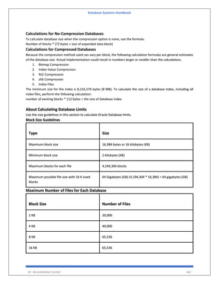 Database Systems Handbook
BY: MUHAMMAD SHARIF 482
Calculations for No-Compression Databases
To calculate database size when the compression option is none, use the formula:
Number of blocks * (72 bytes + size of expanded data block)
Calculations for Compressed Databases
Because the compression method used can vary per block, the following calculation formulas are general estimates
of the database size. Actual implementation could result in numbers larger or smaller than the calculations.
1. Bitmap Compression
2. Index-Value Compression
3. RLE Compression
4. zlib Compression
5. Index Files
The minimum size for the index is 8,216,576 bytes (8 MB). To calculate the size of a database index, including all
index files, perform the following calculation:
number of existing blocks * 112 bytes = the size of database index
About Calculating Database Limits
Use the size guidelines in this section to calculate Oracle Database limits.
Block Size Guidelines
Type Size
Maximum block size 16,384 bytes or 16 kilobytes (KB)
Minimum block size 2 kilobytes (KB)
Maximum blocks for each file 4,194,304 blocks
Maximum possible file size with 16 K sized
blocks
64 Gigabytes (GB) (4,194,304 * 16,384) = 64 gigabytes (GB)
Maximum Number of Files for Each Database
Block Size Number of Files
2 KB 20,000
4 KB 40,000
8 KB 65,536
16 KB 65,536
 
