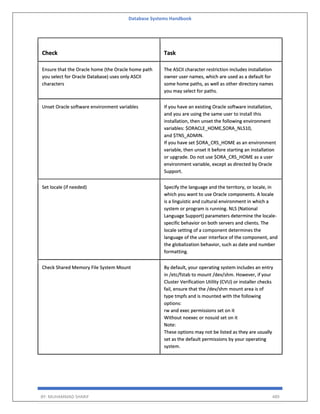 Database Systems Handbook
BY: MUHAMMAD SHARIF 489
Check Task
Ensure that the Oracle home (the Oracle home path
you select for Oracle Database) uses only ASCII
characters
The ASCII character restriction includes installation
owner user names, which are used as a default for
some home paths, as well as other directory names
you may select for paths.
Unset Oracle software environment variables If you have an existing Oracle software installation,
and you are using the same user to install this
installation, then unset the following environment
variables: $ORACLE_HOME,$ORA_NLS10,
and $TNS_ADMIN.
If you have set $ORA_CRS_HOME as an environment
variable, then unset it before starting an installation
or upgrade. Do not use $ORA_CRS_HOME as a user
environment variable, except as directed by Oracle
Support.
Set locale (if needed) Specify the language and the territory, or locale, in
which you want to use Oracle components. A locale
is a linguistic and cultural environment in which a
system or program is running. NLS (National
Language Support) parameters determine the locale-
specific behavior on both servers and clients. The
locale setting of a component determines the
language of the user interface of the component, and
the globalization behavior, such as date and number
formatting.
Check Shared Memory File System Mount By default, your operating system includes an entry
in /etc/fstab to mount /dev/shm. However, if your
Cluster Verification Utility (CVU) or installer checks
fail, ensure that the /dev/shm mount area is of
type tmpfs and is mounted with the following
options:
rw and exec permissions set on it
Without noexec or nosuid set on it
Note:
These options may not be listed as they are usually
set as the default permissions by your operating
system.
 