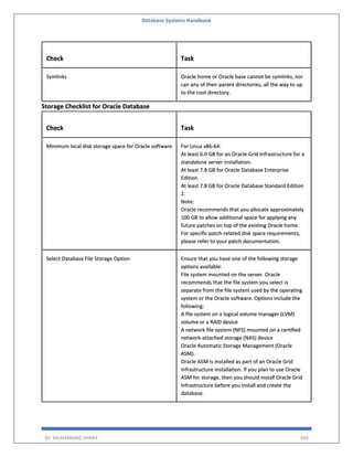 Database Systems Handbook
BY: MUHAMMAD SHARIF 490
Check Task
Symlinks Oracle home or Oracle base cannot be symlinks, nor
can any of their parent directories, all the way to up
to the root directory.
Storage Checklist for Oracle Database
Check Task
Minimum local disk storage space for Oracle software For Linux x86-64:
At least 6.0 GB for an Oracle Grid Infrastructure for a
standalone server installation.
At least 7.8 GB for Oracle Database Enterprise
Edition.
At least 7.8 GB for Oracle Database Standard Edition
2.
Note:
Oracle recommends that you allocate approximately
100 GB to allow additional space for applying any
future patches on top of the existing Oracle home.
For specific patch-related disk space requirements,
please refer to your patch documentation.
Select Database File Storage Option Ensure that you have one of the following storage
options available:
File system mounted on the server. Oracle
recommends that the file system you select is
separate from the file system used by the operating
system or the Oracle software. Options include the
following:
A file system on a logical volume manager (LVM)
volume or a RAID device
A network file system (NFS) mounted on a certified
network-attached storage (NAS) device
Oracle Automatic Storage Management (Oracle
ASM).
Oracle ASM is installed as part of an Oracle Grid
Infrastructure installation. If you plan to use Oracle
ASM for storage, then you should install Oracle Grid
Infrastructure before you install and create the
database.
 