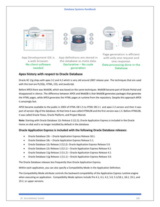 Database Systems Handbook
BY: MUHAMMAD SHARIF 499
Apex history with respect to Oracle Database
Oracle XE 11g ships with apex 3.2 and 4.2 which is very old around 2007 release year. The techniques that are used
with this tool are PL/SQL, HTML, CSS, and JavaScript.
Before APEX there was WebDB, which was based on the same techniques. WebDB became part of Oracle Portal and
disappeared in silence. The difference between APEX and WebDB is that WebDB generates packages that generate
the HTML pages, while APEX generates the HTML pages at runtime from the repository. Despite this approach APEX
is amazingly fast.
APEX became available to the public in 2003 of HTML DB 1.5 to HTML DB 2.1 and apex 2.2 version and then it was
part of version 10g of the database. At that time it was called HTMLDB and the first version was 1.5. Before HTMLDB,
it was called Oracle Flows, Oracle Platform, and Project Marvel.
Note: Starting with Oracle Database 12c Release 2 (12.2), Oracle Application Express is included in the Oracle
Home on disk and is no longer installed by default in the database.
Oracle Application Express is included with the following Oracle Database releases:
 Oracle Database 19c – Oracle Application Express Release 18.1.
 Oracle Database 18c – Oracle Application Express Release 5.1.
 Oracle Database 12c Release 2 (12.2)- Oracle Application Express Release 5.0.
 Oracle Database 12c Release 1 (12.1) – Oracle Application Express Release 4.2.
 Oracle Database 11g Release 2 (11.2) – Oracle Application Express Release 4.2.
 Oracle Database 11g Release 1 (11.1) – Oracle Application Express Release 3.0.
The Oracle Database releases less frequently than Oracle Application Express.
Within each application, you can also specify a Compatibility Mode in the Application Definition.
The Compatibility Mode attribute controls the backward compatibility of the Application Express runtime engine
when executing an application. Compatibility Mode options include Pre 4.1, 4.1, 4.2, 5.0, 5.1/18.1, 18.2, 19.1, and
19.2. or upper versions.
 
