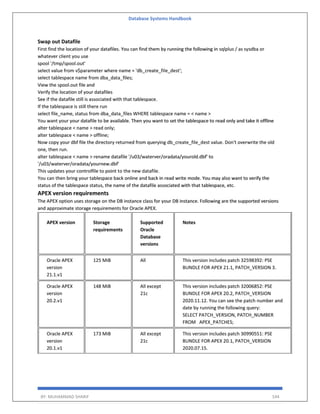 Database Systems Handbook
BY: MUHAMMAD SHARIF 544
Swap out Datafile
First find the location of your datafiles. You can find them by running the following in sqlplus / as sysdba or
whatever client you use
spool '/tmp/spool.out'
select value from v$parameter where name = 'db_create_file_dest';
select tablespace name from dba_data_files;
View the spool.out file and
Verify the location of your datafiles
See if the datafile still is associated with that tablespace.
If the tablespace is still there run
select file_name, status from dba_data_files WHERE tablespace name = < name >
You want your your datafile to be available. Then you want to set the tablespace to read only and take it offline
alter tablespace < name > read only;
alter tablespace < name > offline;
Now copy your dbf file the directory returned from querying db_create_file_dest value. Don't overwrite the old
one, then run.
alter tablespace < name > rename datafile '/u03/waterver/oradata/yourold.dbf' to
'/u03/waterver/oradata/yournew.dbf'
This updates your controlfile to point to the new datafile.
You can then bring your tablespace back online and back in read write mode. You may also want to verify the
status of the tablespace status, the name of the datafile associated with that tablespace, etc.
APEX version requirements
The APEX option uses storage on the DB instance class for your DB instance. Following are the supported versions
and approximate storage requirements for Oracle APEX.
APEX version Storage
requirements
Supported
Oracle
Database
versions
Notes
Oracle APEX
version
21.1.v1
125 MiB All This version includes patch 32598392: PSE
BUNDLE FOR APEX 21.1, PATCH_VERSION 3.
Oracle APEX
version
20.2.v1
148 MiB All except
21c
This version includes patch 32006852: PSE
BUNDLE FOR APEX 20.2, PATCH_VERSION
2020.11.12. You can see the patch number and
date by running the following query:
SELECT PATCH_VERSION, PATCH_NUMBER
FROM APEX_PATCHES;
Oracle APEX
version
20.1.v1
173 MiB All except
21c
This version includes patch 30990551: PSE
BUNDLE FOR APEX 20.1, PATCH_VERSION
2020.07.15.
 