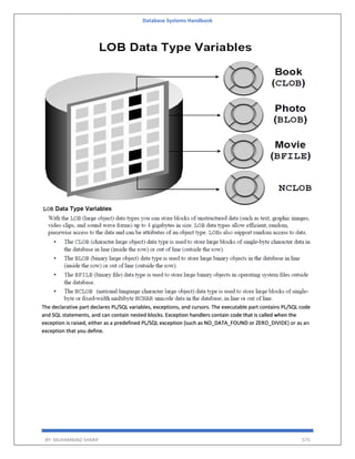 Database Systems Handbook
BY: MUHAMMAD SHARIF 575
The declarative part declares PL/SQL variables, exceptions, and cursors. The executable part contains PL/SQL code
and SQL statements, and can contain nested blocks. Exception handlers contain code that is called when the
exception is raised, either as a predefined PL/SQL exception (such as NO_DATA_FOUND or ZERO_DIVIDE) or as an
exception that you define.
 