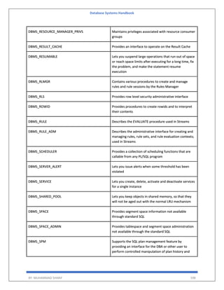 Database Systems Handbook
BY: MUHAMMAD SHARIF 598
DBMS_RESOURCE_MANAGER_PRIVS Maintains privileges associated with resource consumer
groups
DBMS_RESULT_CACHE Provides an interface to operate on the Result Cache
DBMS_RESUMABLE Lets you suspend large operations that run out of space
or reach space limits after executing for a long time, fix
the problem, and make the statement resume
execution
DBMS_RLMGR Contains various procedures to create and manage
rules and rule sessions by the Rules Manager
DBMS_RLS Provides row level security administrative interface
DBMS_ROWID Provides procedures to create rowids and to interpret
their contents
DBMS_RULE Describes the EVALUATE procedure used in Streams
DBMS_RULE_ADM Describes the administrative interface for creating and
managing rules, rule sets, and rule evaluation contexts;
used in Streams
DBMS_SCHEDULER Provides a collection of scheduling functions that are
callable from any PL/SQL program
DBMS_SERVER_ALERT Lets you issue alerts when some threshold has been
violated
DBMS_SERVICE Lets you create, delete, activate and deactivate services
for a single instance
DBMS_SHARED_POOL Lets you keep objects in shared memory, so that they
will not be aged out with the normal LRU mechanism
DBMS_SPACE Provides segment space information not available
through standard SQL
DBMS_SPACE_ADMIN Provides tablespace and segment space administration
not available through the standard SQL
DBMS_SPM Supports the SQL plan management feature by
providing an interface for the DBA or other user to
perform controlled manipulation of plan history and
 