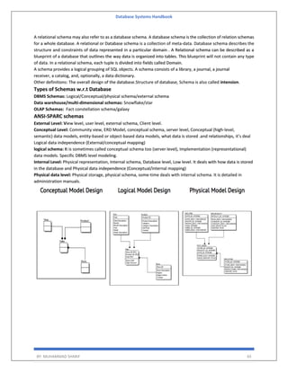 Database Systems Handbook
BY: MUHAMMAD SHARIF 65
A relational schema may also refer to as a database schema. A database schema is the collection of relation schemas
for a whole database. A relational or Database schema is a collection of meta-data. Database schema describes the
structure and constraints of data represented in a particular domain . A Relational schema can be described as a
blueprint of a database that outlines the way data is organized into tables. This blueprint will not contain any type
of data. In a relational schema, each tuple is divided into fields called Domain.
A schema provides a logical grouping of SQL objects. A schema consists of a library, a journal, a journal
receiver, a catalog, and, optionally, a data dictionary.
Other definitions: The overall design of the database.Structure of database, Schema is also called intension.
Types of Schemas w.r.t Database
DBMS Schemas: Logical/Conceptual/physical schema/external schema
Data warehouse/multi-dimensional schemas: Snowflake/star
OLAP Schemas: Fact constellation schema/galaxy
ANSI-SPARC schemas
External Level: View level, user level, external schema, Client level.
Conceptual Level: Community view, ERD Model, conceptual schema, server level, Conceptual (high-level,
semantic) data models, entity-based or object-based data models, what data is stored .and relationships, it’s deal
Logical data independence (External/conceptual mapping)
logical schema: It is sometimes called conceptual schema too (server level), Implementation (representational)
data models. Specific DBMS level modeling.
Internal Level: Physical representation, Internal schema, Database level, Low level. It deals with how data is stored
in the database and Physical data independence (Conceptual/internal mapping)
Physical data level: Physical storage, physical schema, some-time deals with internal schema. It is detailed in
administration manuals.
 