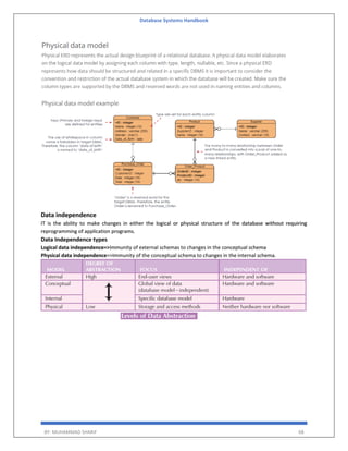 Database Systems Handbook
BY: MUHAMMAD SHARIF 68
Data independence
IT is the ability to make changes in either the logical or physical structure of the database without requiring
reprogramming of application programs.
Data Independence types
Logical data independence=>Immunity of external schemas to changes in the conceptual schema
Physical data independence=>Immunity of the conceptual schema to changes in the internal schema.
 