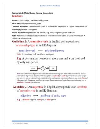Database Systems Handbook
BY: MUHAMMAD SHARIF 78
Appropriate Er Model Design Naming Conventions
Guideline 1
Nouns => Entity, object, relation, table_name.
Verbs => Indicate relationship_types.
Common Nouns=> A common noun (such as student and employee) in English corresponds to
an entity type in an ER diagram:
Proper Nouns=> Proper nouns are entities. e.g. John, Singapore, New York City.
Note: A relational database uses relations or two-dimensional tables to store information. A
table is two-dimensional
 