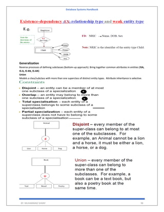 Database Systems Handbook
BY: MUHAMMAD SHARIF 98
Generalization
Reverse processes of defining subclasses (bottom-up approach). Bring together common attributes in entities (ISA,
IS-A, IS AN, IS-AN)
Union
Models a class/subclass with more than one superclass of distinct entity types. Attribute inheritance is selective.
 