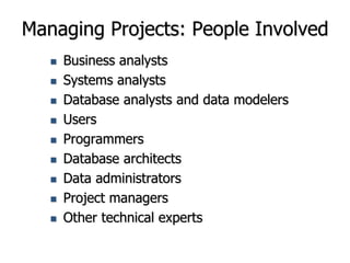 Managing Projects: People Involved
 Business analysts
 Systems analysts
 Database analysts and data modelers
 Users
 Programmers
 Database architects
 Data administrators
 Project managers
 Other technical experts
 