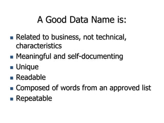 A Good Data Name is:
 Related to business, not technical,
characteristics
 Meaningful and self-documenting
 Unique
 Readable
 Composed of words from an approved list
 Repeatable
 