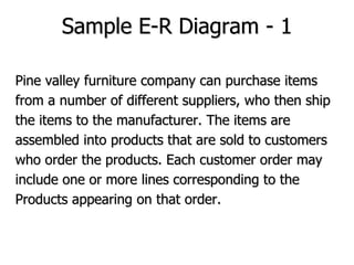Sample E-R Diagram - 1
Pine valley furniture company can purchase items
from a number of different suppliers, who then ship
the items to the manufacturer. The items are
assembled into products that are sold to customers
who order the products. Each customer order may
include one or more lines corresponding to the
Products appearing on that order.
 