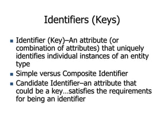 Identifiers (Keys)
 Identifier (Key)–An attribute (or
combination of attributes) that uniquely
identifies individual instances of an entity
type
 Simple versus Composite Identifier
 Candidate Identifier–an attribute that
could be a key…satisfies the requirements
for being an identifier
 