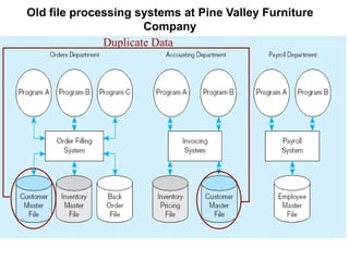 Old file processing systems at Pine Valley Furniture
Company
Duplicate Data
 