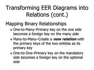 Transforming EER Diagrams into
Relations (cont.)
Mapping Binary Relationships
 One-to-Many–Primary key on the one side
becomes a foreign key on the many side
 Many-to-Many–Create a new relation with
the primary keys of the two entities as its
primary key
 One-to-One–Primary key on the mandatory
side becomes a foreign key on the optional
side
 