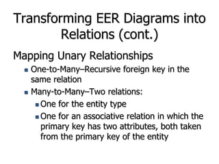 Mapping a unary 1:N relationship
(a) EMPLOYEE entity with
unary relationship
(b) EMPLOYEE
relation with
recursive foreign
...