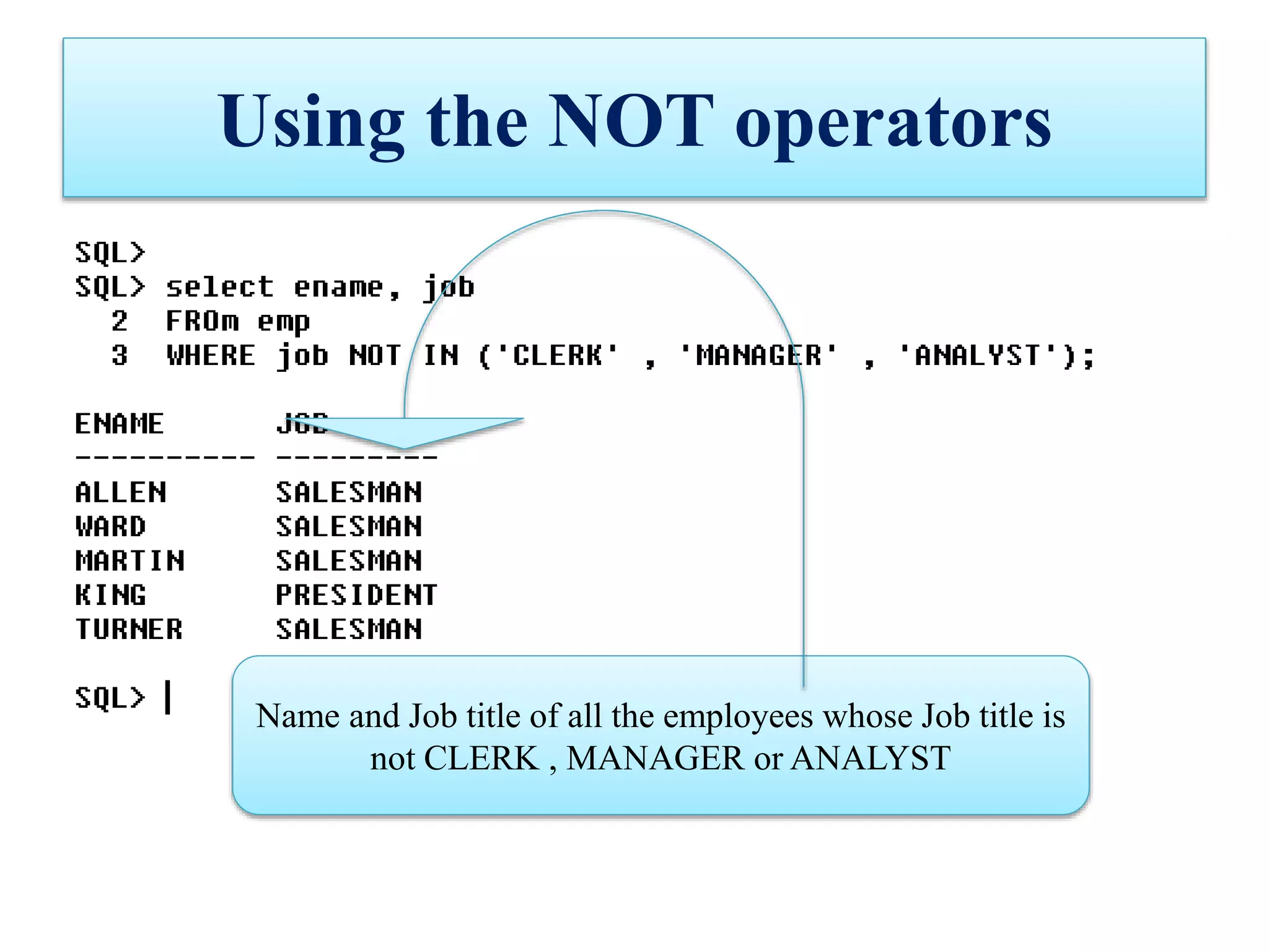 Using the NOT operators
Name and Job title of all the employees whose Job title is
not CLERK , MANAGER or ANALYST
 